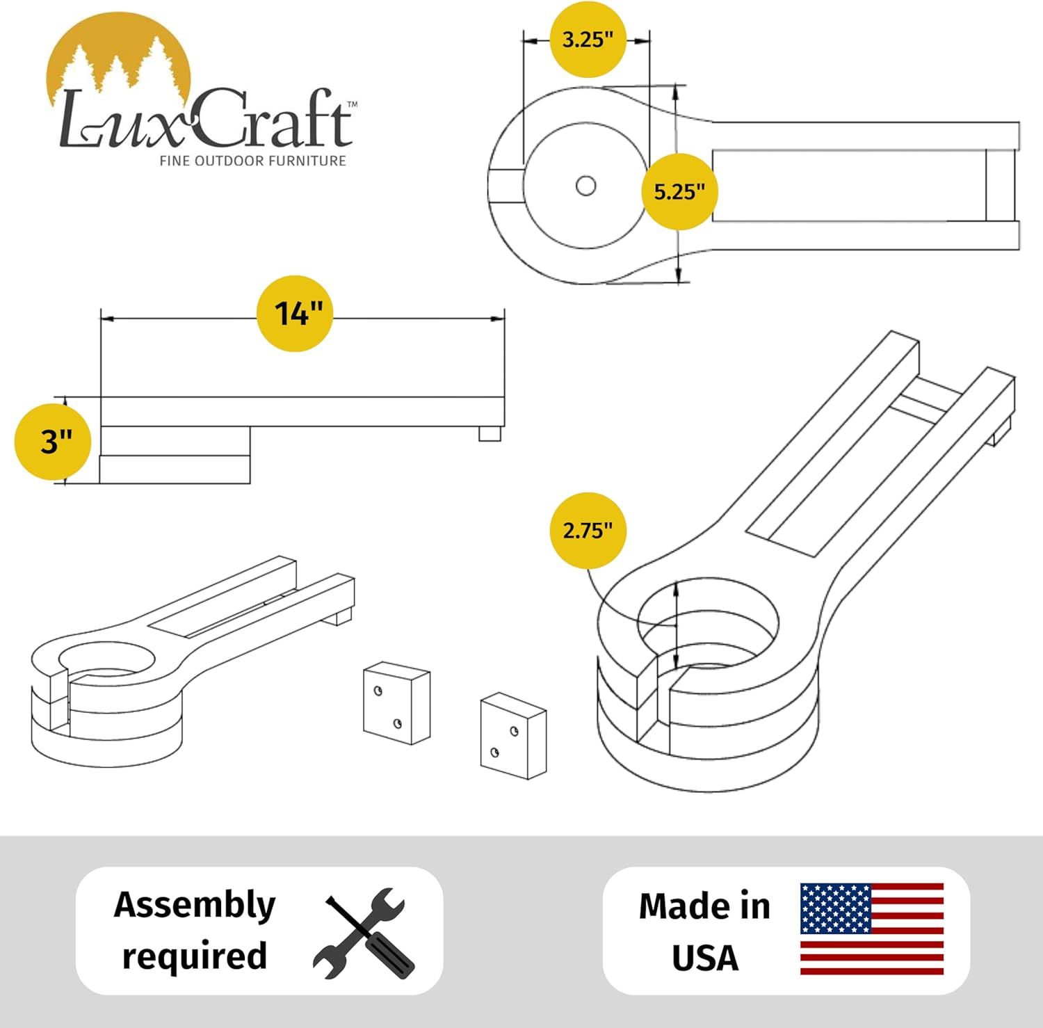 LuxCraft Glider Cup Holder Attachment for Outdoor Gliders, Slide Out Cup Holder for Outside Glider Chairs, Space Saving Design - Amish Made USA (Dove Gray & Slate)