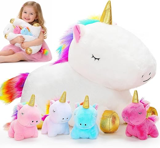 KMUYSL Unicorn Toys for Girls Ages 3 4 5 6 7 8+ Year - Unicorn Mommy Stuffed Animal with 4 Baby Unicorns in Her Tummy, Valentines and Birthday Gifts, Soft Plush Set for Baby, Toddler, Kids