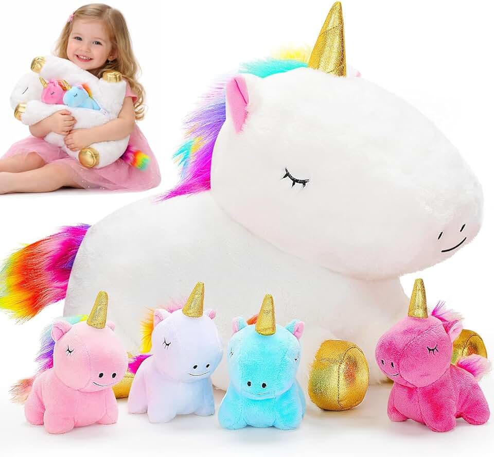 KMUYSL Toys for Girls Ages 0 1 2 3 4 5 6 7 8+ Years - Unicorn Mommy Stuffed Animal with 4 Baby Unicorns in Her Tummy, Soft Unicorn Plush Toys Set, Christmas Birthday Gifts for Baby, Toddler, Kids
