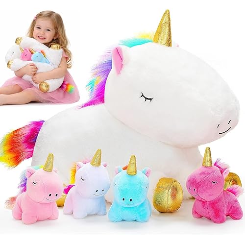 KMUYSL Toys for Girls Ages 0 1 2 3 4 5 6 7 8+ Years - Unicorn Mommy Stuffed Animal with 4 Baby Unicorns in Her Tummy, Soft Unicorn Plush Toys Set, Christmas Birthday Gifts for Baby, Toddler, Kids