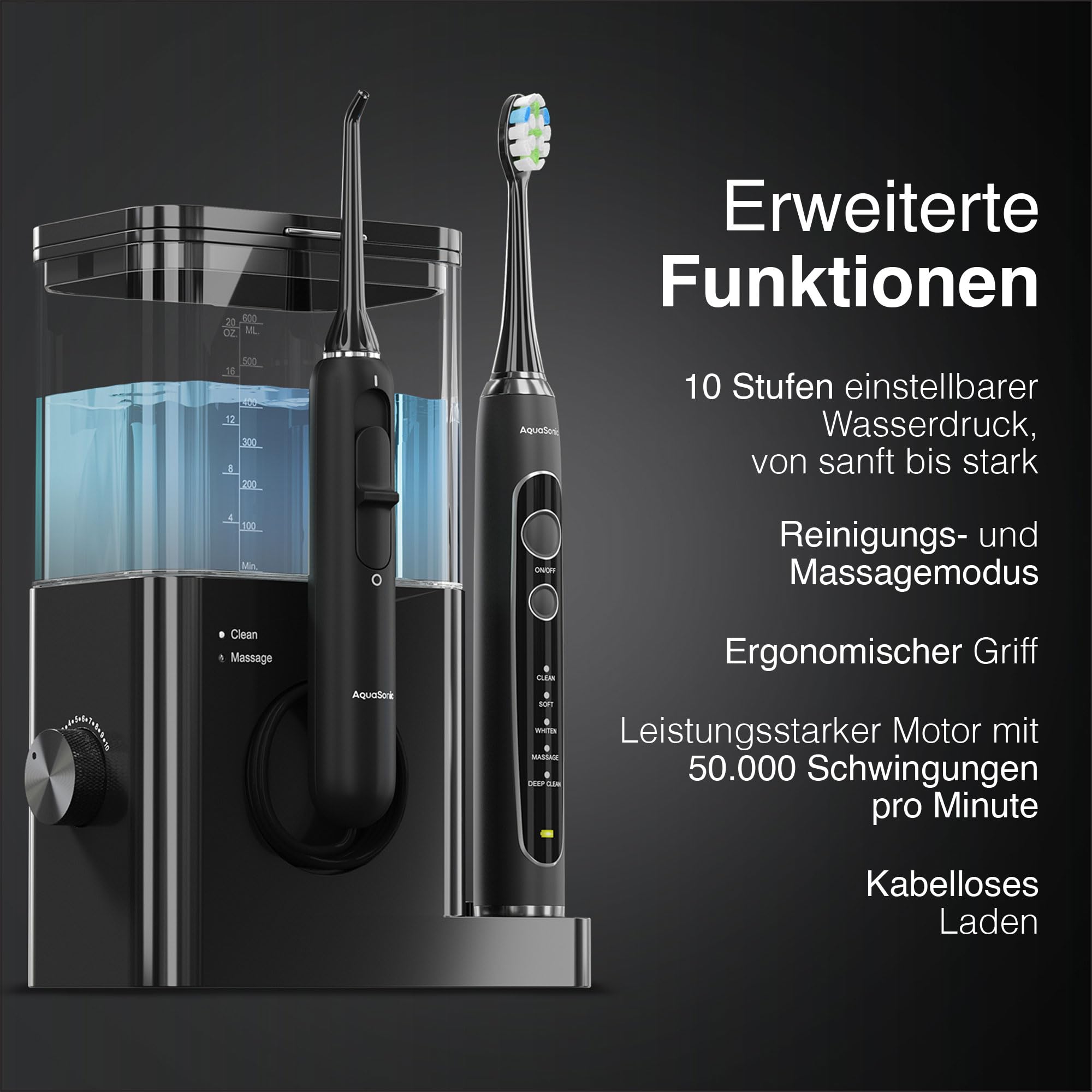 AquaSonic - Home Dental Center PRO | Bürsten & Zahnseide - Elektrische Zahnbürste - Power-Zahnbürste & Munddusche - Weißere Zähne & Gesünderes Zahnfleisch - Black Series Pro + Oral Irrigator
