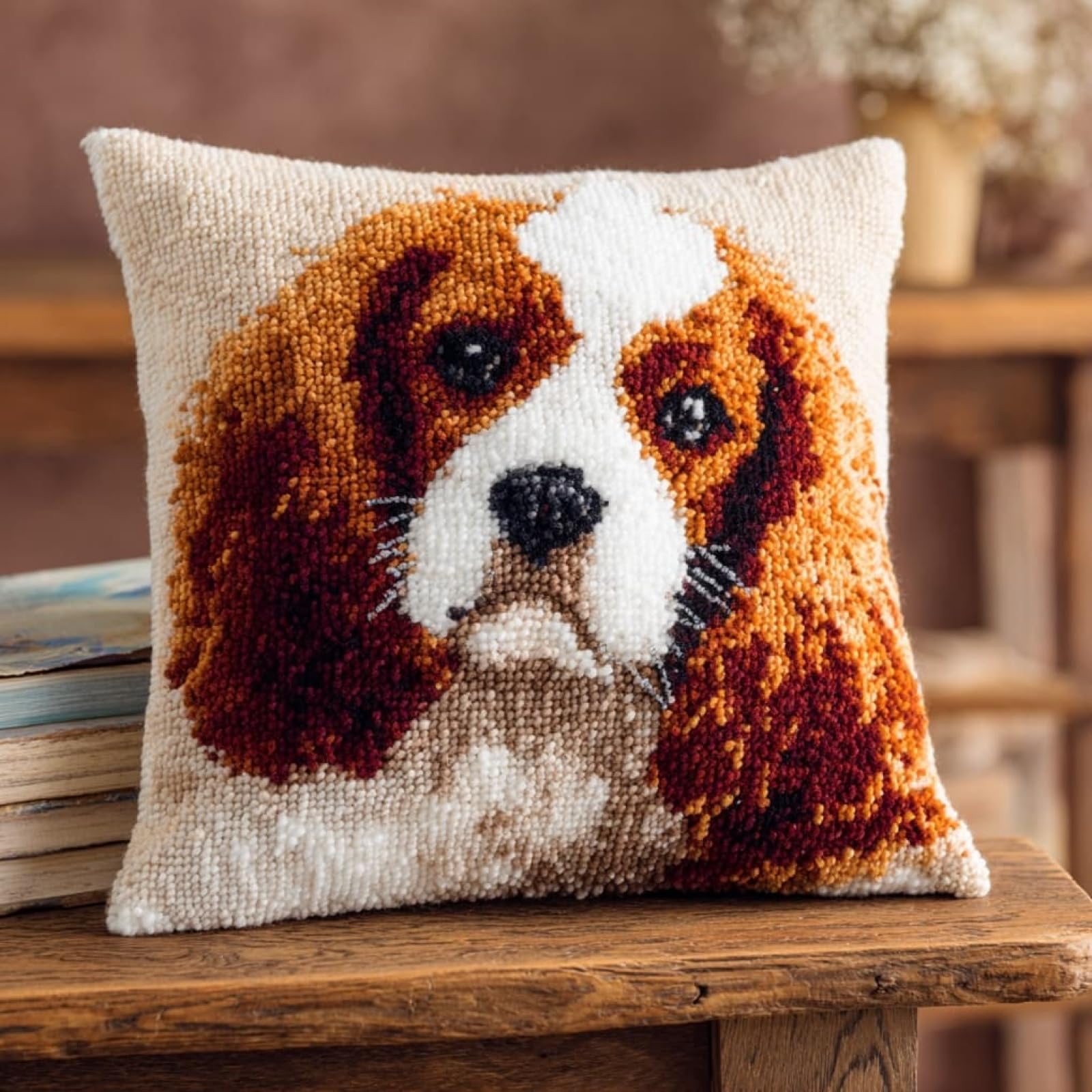 AxiangziK Latch Hook Cushion Kit 43x43cm,Charles Spaniel Complete Needlecraft Set with Pre-Cut Yarn & Tools,Creative Home Decor Gift for All Ages