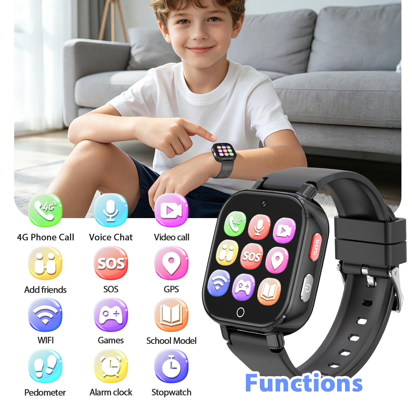 4G Smartwatch Kinder mit Videoanruf GPS SOS IP68 Wasserdicht Schulmodus Schrittzähler Kinderuhr Geschenk Jungen Mädchen 4-12 Jahren Schwarz