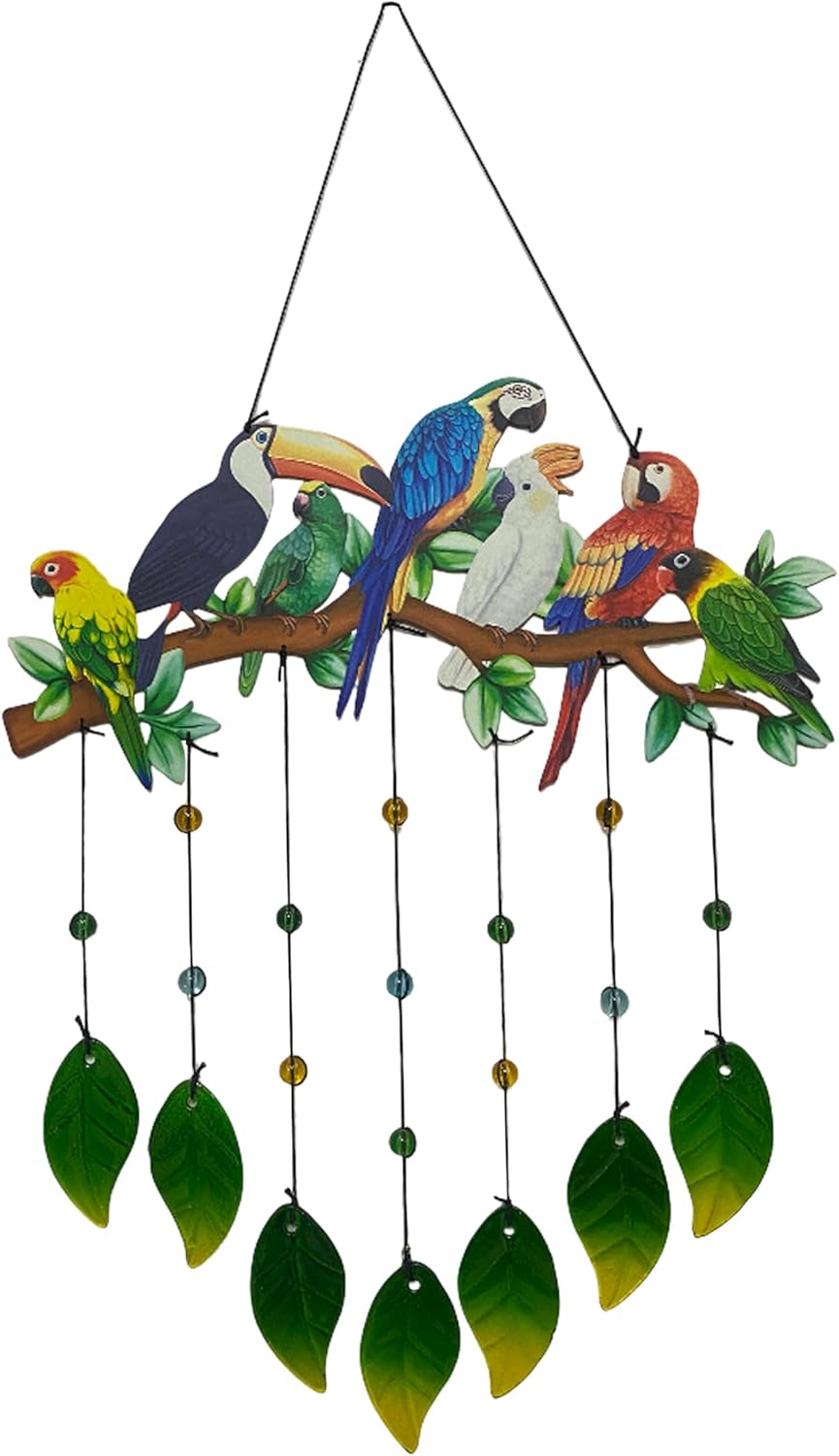 Parrot Wind Chimes Outdoor - Colorful Metal & Glass Leaves Hanging Decor for Garden, Yard, Porch