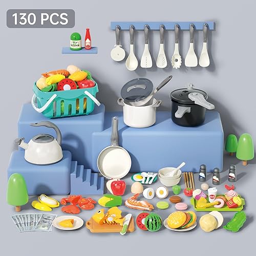 Miniatura 7 de Juego de cocina de 130 piezas, ollas de juego de cocina para niños, sartenes, utensilios de cocina, alimentos diarios, frutas y verduras, cesta de