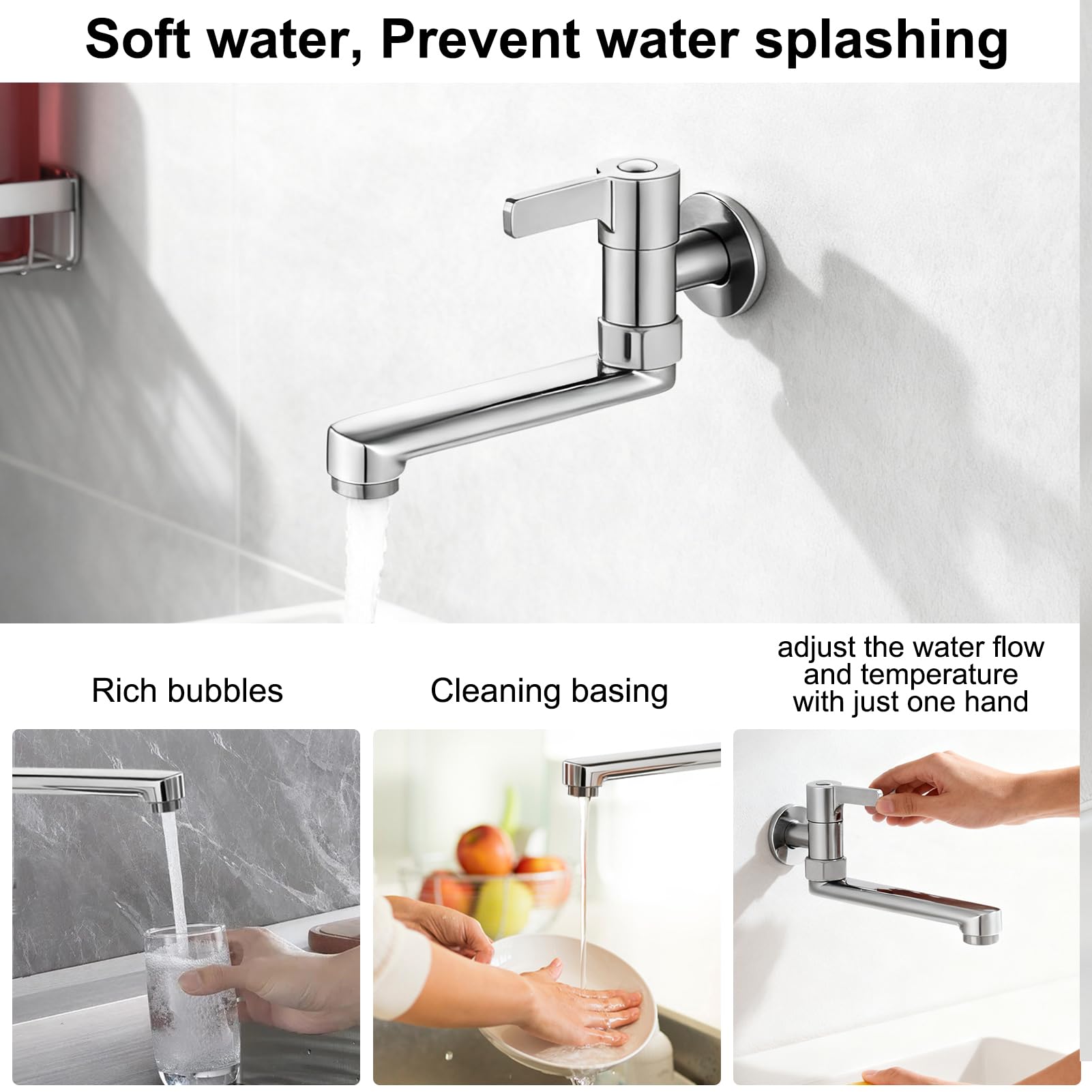 Grifo mezclador de cocina, montado en la pared extendido para fregadero de cocina, grifo de piscina giratorio, grifo de agua fría, para cocinas y piscina (20 cm)