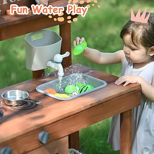 Miniatura 3 de Cocina de barro para niños al aire libre, cocina de juego de madera con accesorios para niños, juego de cocina con fregadero, grifo, sala de