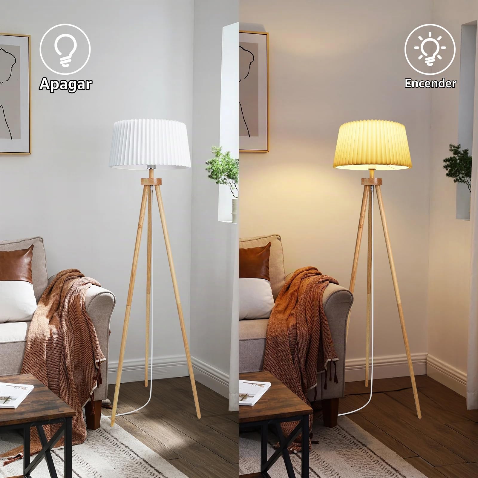 Aigostar Lampara de Pie Salon de Madera Trípode, Lampara Pie Retro con Plisada Pantalla Blanca de Lino e Interruptor de Pie, Compatible con Bombillas E27(Max.60W), Madera Maciza, Estilo Nórdico