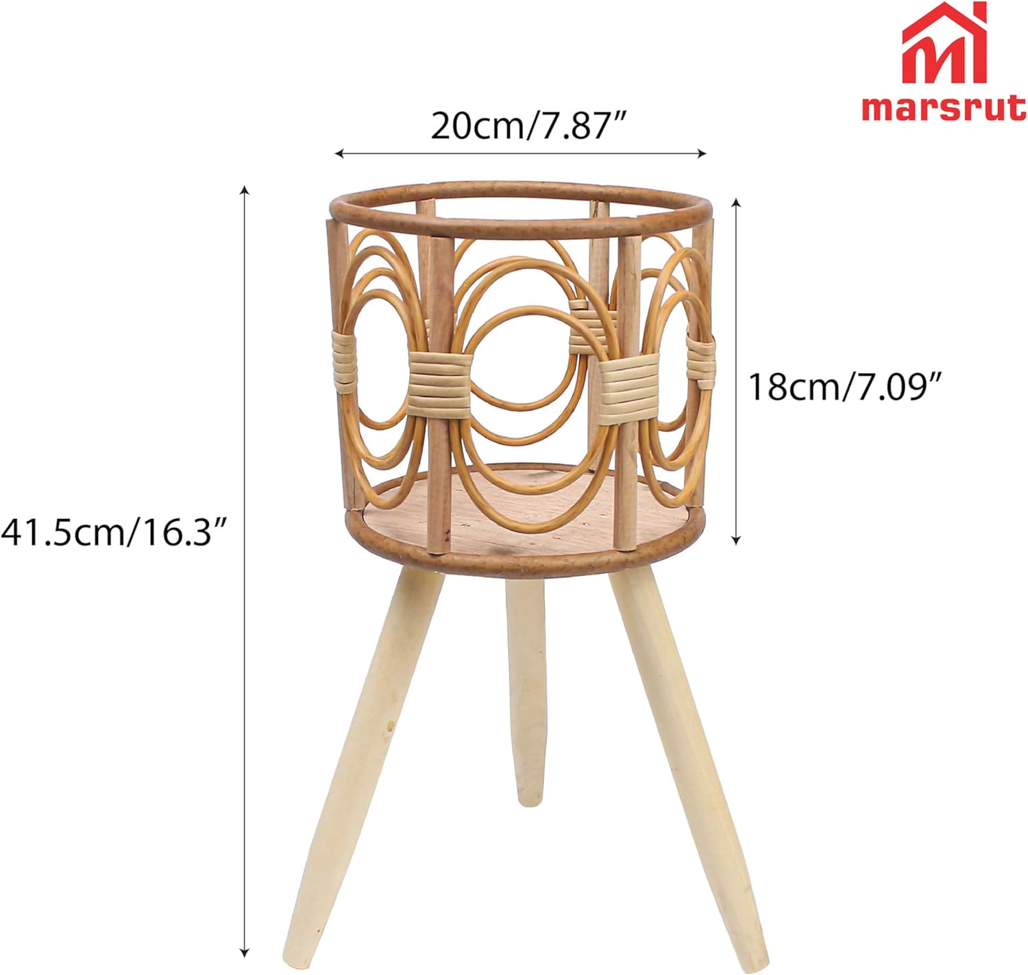 Rattan Plant Stand, Wicker Plants Baskets Indoor, Small, Cute Handmade Woven Wooden Planter with Legs, Boho Style Hollow Flowers Display Rack Straw Standing Floor Stool Shelf for Pot Holder Outdoor Decorations