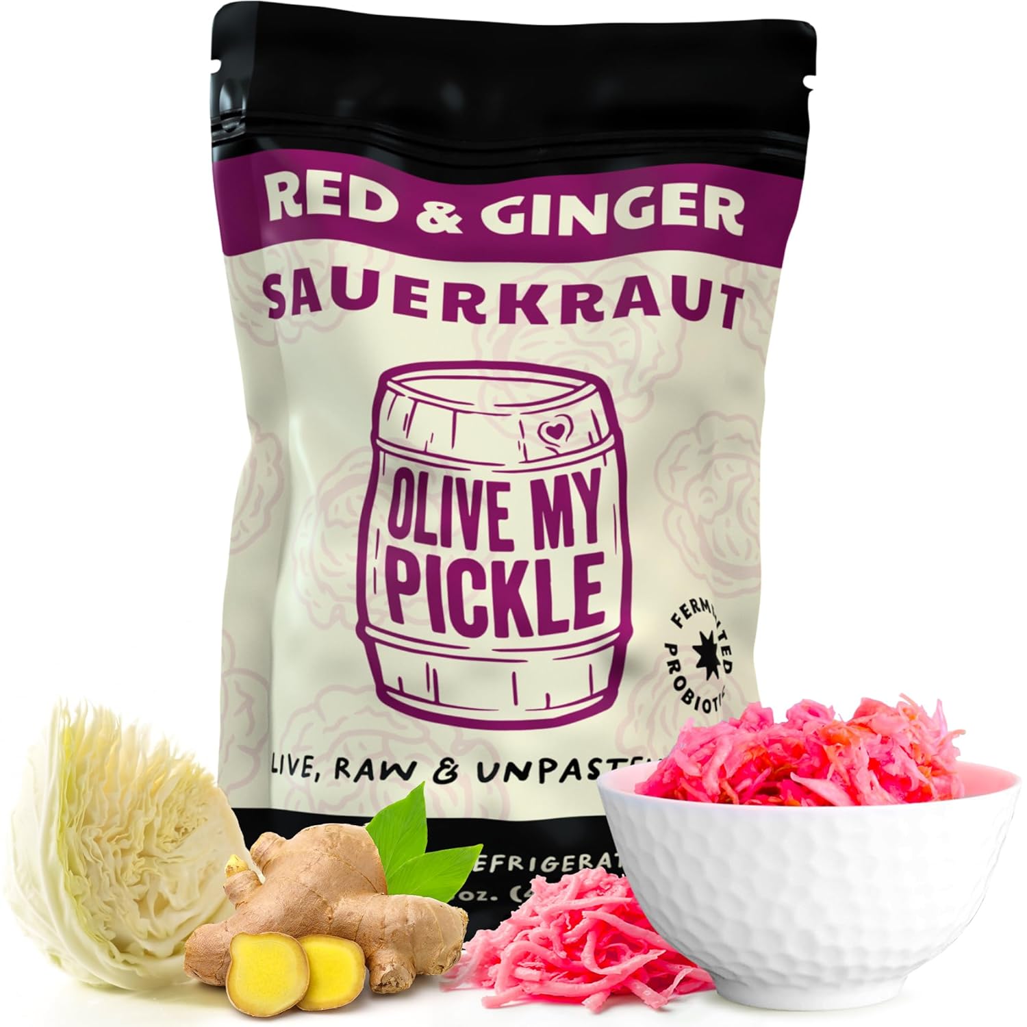 Olive My Pickle Fermented Sauerkraut - 16 Ounces | 1-Pack Bundle of Probiotic Red and Ginger Sauerkraut with Natural Probiotics for Gut Health - Great for Sandwiches, Salads, Asian Dishes, and Meat