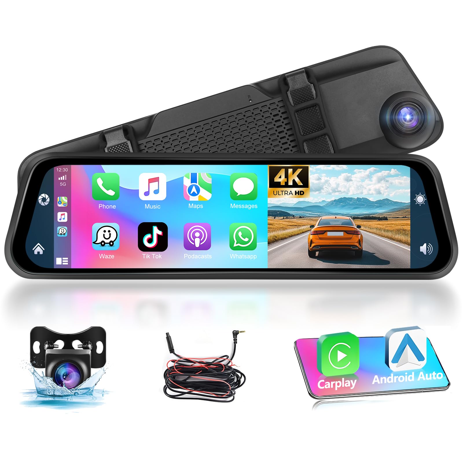 Podofo Caméra de Tableau de Bord Miroir 12" avec Carplay sans Fil, Android Auto avec caméra de recul HD, écran Tactile IPS Double rétroviseur 1080P Dashcam Dash Cam Voiture, 2 écrans divisés