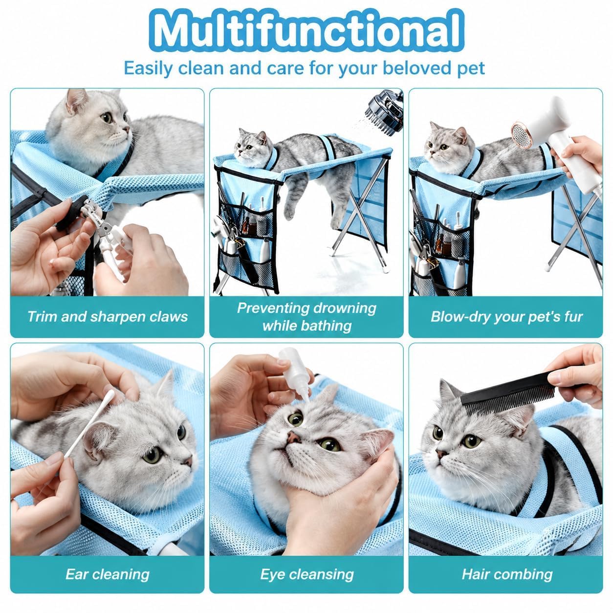 Foldable Pet Bathing Stand, 2-in-1 Dog Bath Holder with Breathable Mesh Sling and Adjustable Restraint Straps, Portable Grooming Bed for Small Dogs and Cats Washing, Nail Trimming，Black