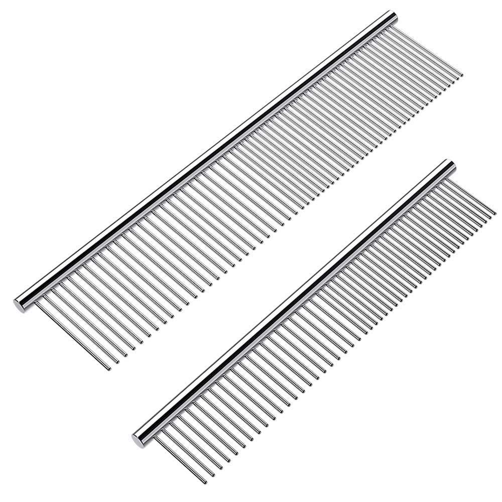 KASTWAVEDog combs and cat combs, stainless steel teeth, cat combs for removing tangles and frosted leather, professional grooming tools, suitable for long-haired and short-haired pets (2 pieces)