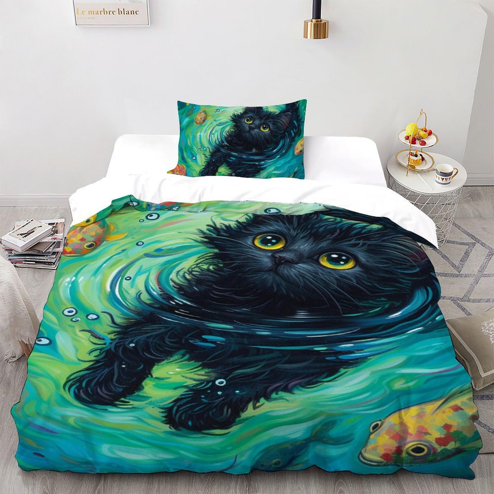 Housse de couette chat noir ensemble de literie animal 2 pièces 135x200 avec taie d'oreiller zip