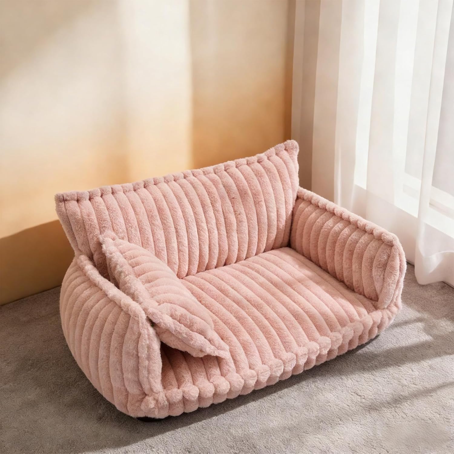 31.5in Large Dog Couch, Dog Beds for Medium Size Dogs, Cute Soft Fluffy Pet Sofa with Pillow and Removable Washable Cover, Calming Modern Style for Fuzzy Pets(Pink, 31.5 * 22.4 * 13inch)