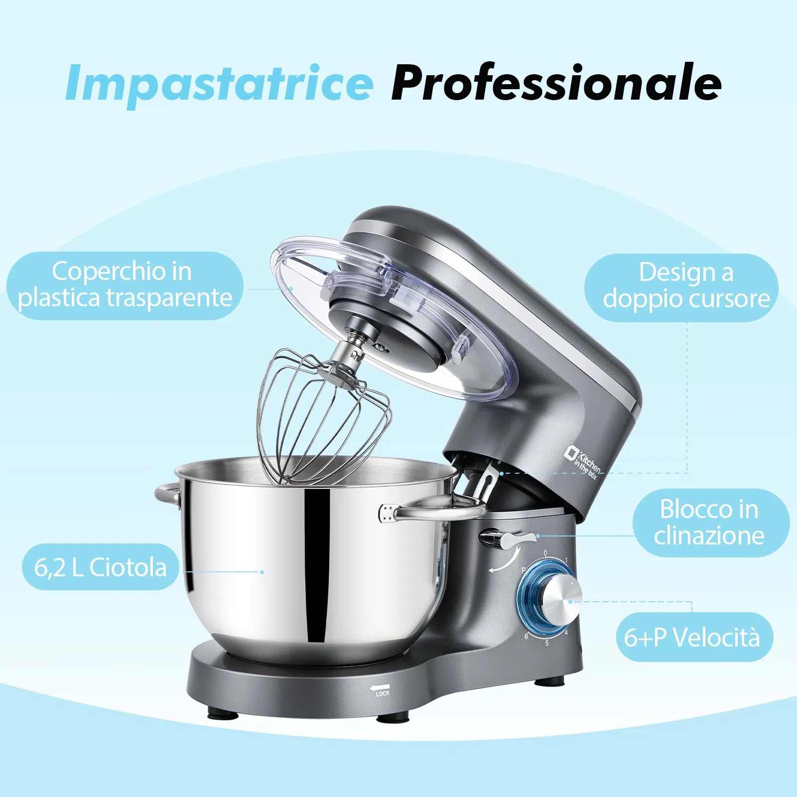 Kitchen in the box Impastatrice Planetaria, 6,2 Litri Impastatrice Professionale 1400W, 6 Velocità con Uncino Impastatore, Mescolatore e Frusta Sbattitrice (Grigio)