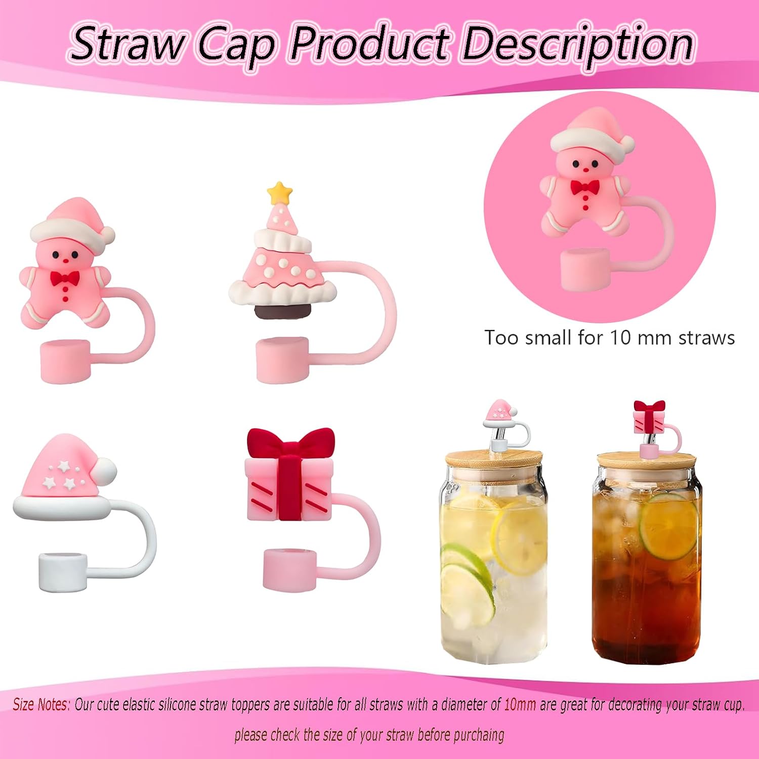 4PCS Christmas Straw Toppers for Stanley Cup, Pink Silicone Straw Cover Cap Cute Christmas Tree Gingerbread Man Design Winter Drinking Straws Protector for Stanley, Reusable Holiday Straws Tips Lids