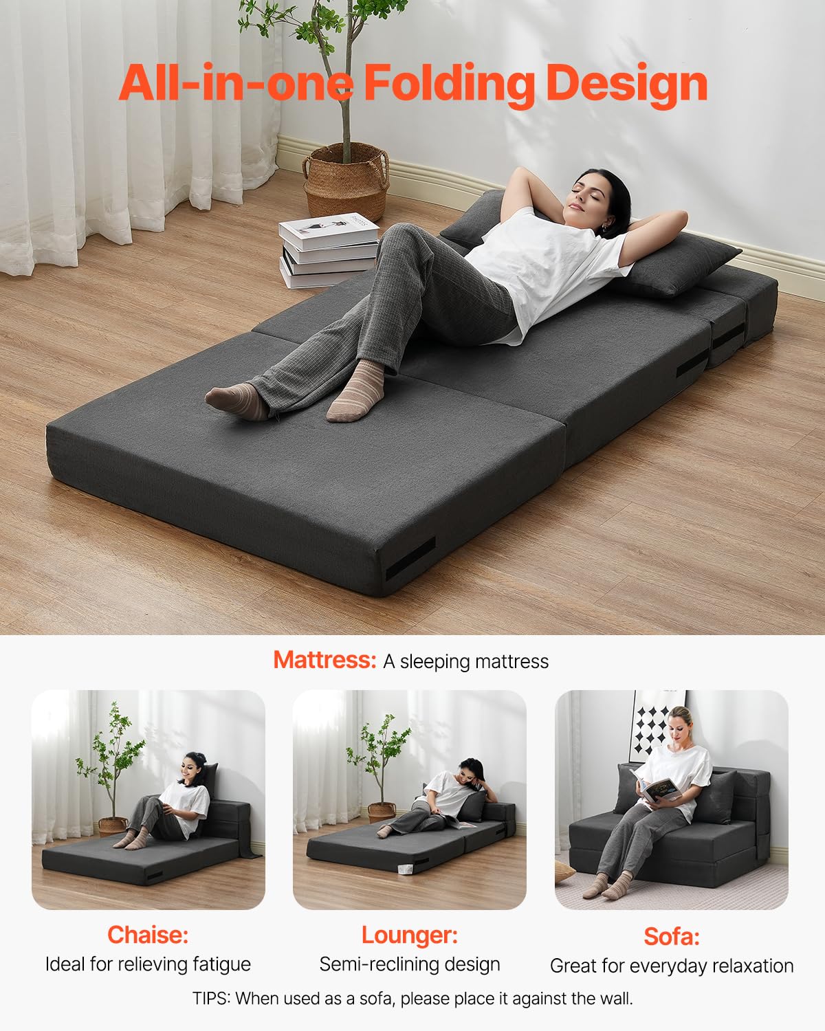 VEVOR Divano Letto Pieghevole con 2 Cuscini e Fodera Lavabile, Poltrona Letto Trasformabile in Memory Foam ad Alta Densità 25D, Divano Futon per Soggiorno, Camera da Letto, Grigio Scuro Singolo