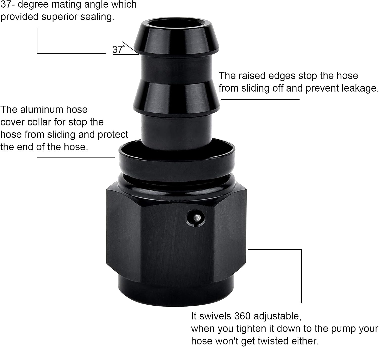 SYKRSS 8AN Straight Push Lock Swivel Hose End Fitting For Rubber Fuel Line Black