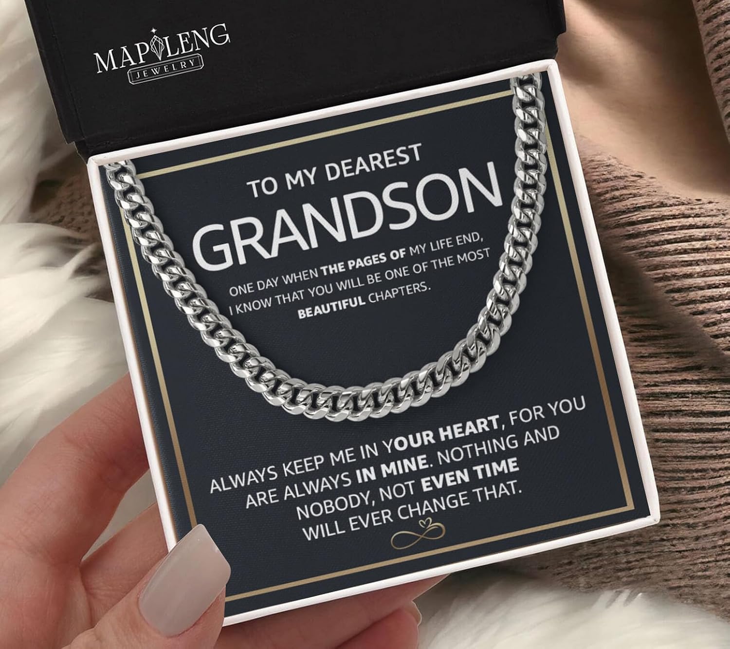 To My Grandson Cuban Chain Necklace, Cuban Link Men Chain Gifts For Grandson, Stainless Steel Chain Birthday Christmas Jewelry Gifts For Grandson With Message Card And Box