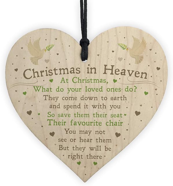 RED OCEAN Christmas In Heaven Poem Xmas Tree Decoration Memorial Quote Wood Heart Plaque