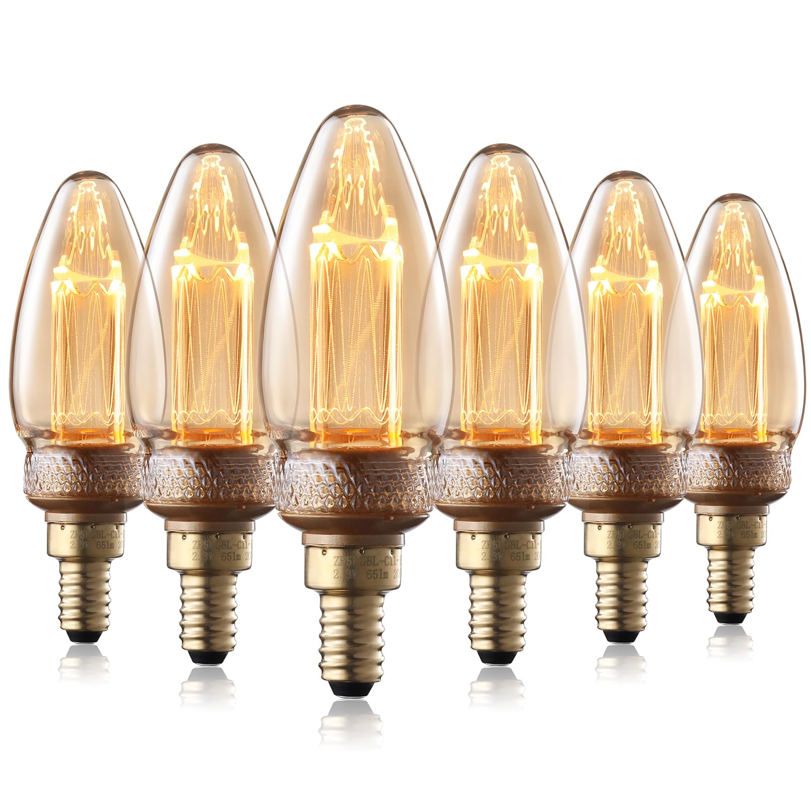 TORCHSTAR Vintage Edison Candelabra Light Bulbs, UL Listed, LED Chandelier Light Bulbs Dimmable, C11 LED Filament Candle Bulb, 2.3W(8W Eqv.), 65lm,