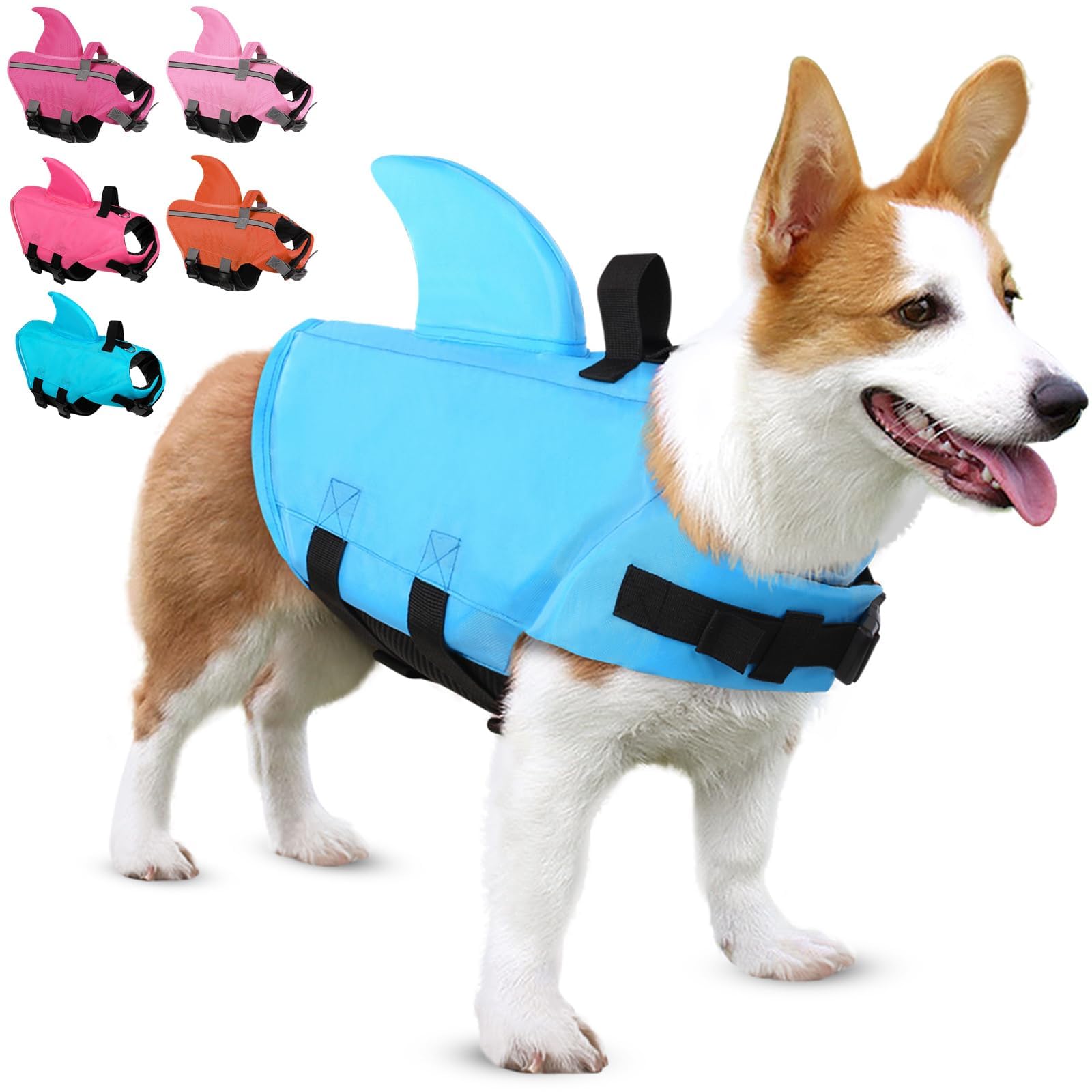Dog Shark Life Jacket, Ripstop Dog Life Vest Puppy Floats for Swimming Pool with Rescue Handle & Superior Buoyancy, Small Medium Dog Life Jackets Pet Life Preserver for Boating (Blue,M)
