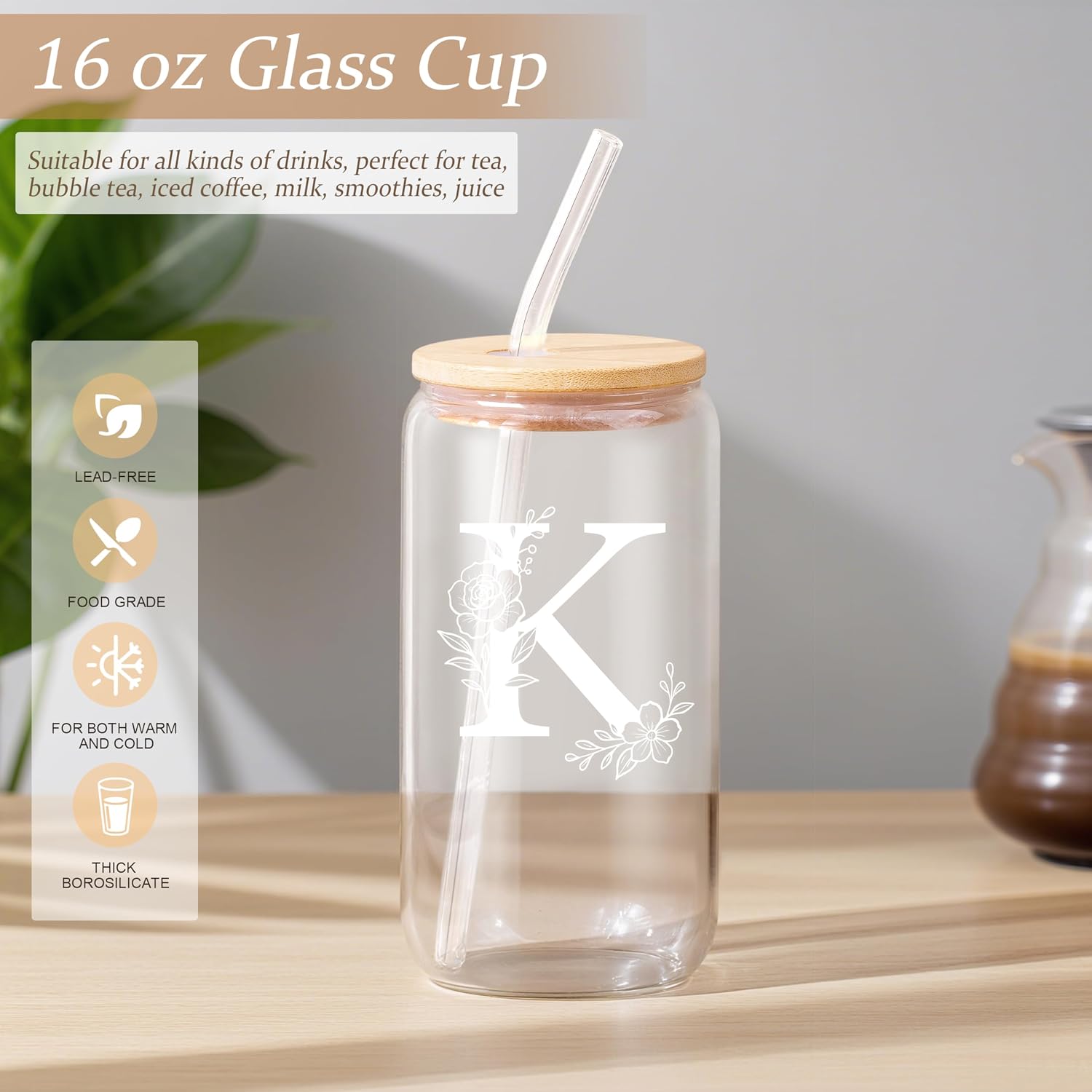 Personalized Gifts for Women, Monogrammed Gifts for Women, Initial 16 oz Glass Cups With Lids and Straws, Customized Mug, Personalized Birthday Gifts Mothers Day Gifts for Mom Her Friend Woman, K image 4