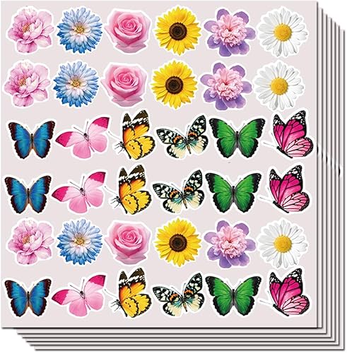 AWEELON 1200 calcomanías surtidas de flores de mariposa, 12 estilos de calcomanías de mariposa para niños, calcomanías 3D impermeables para fiestas,