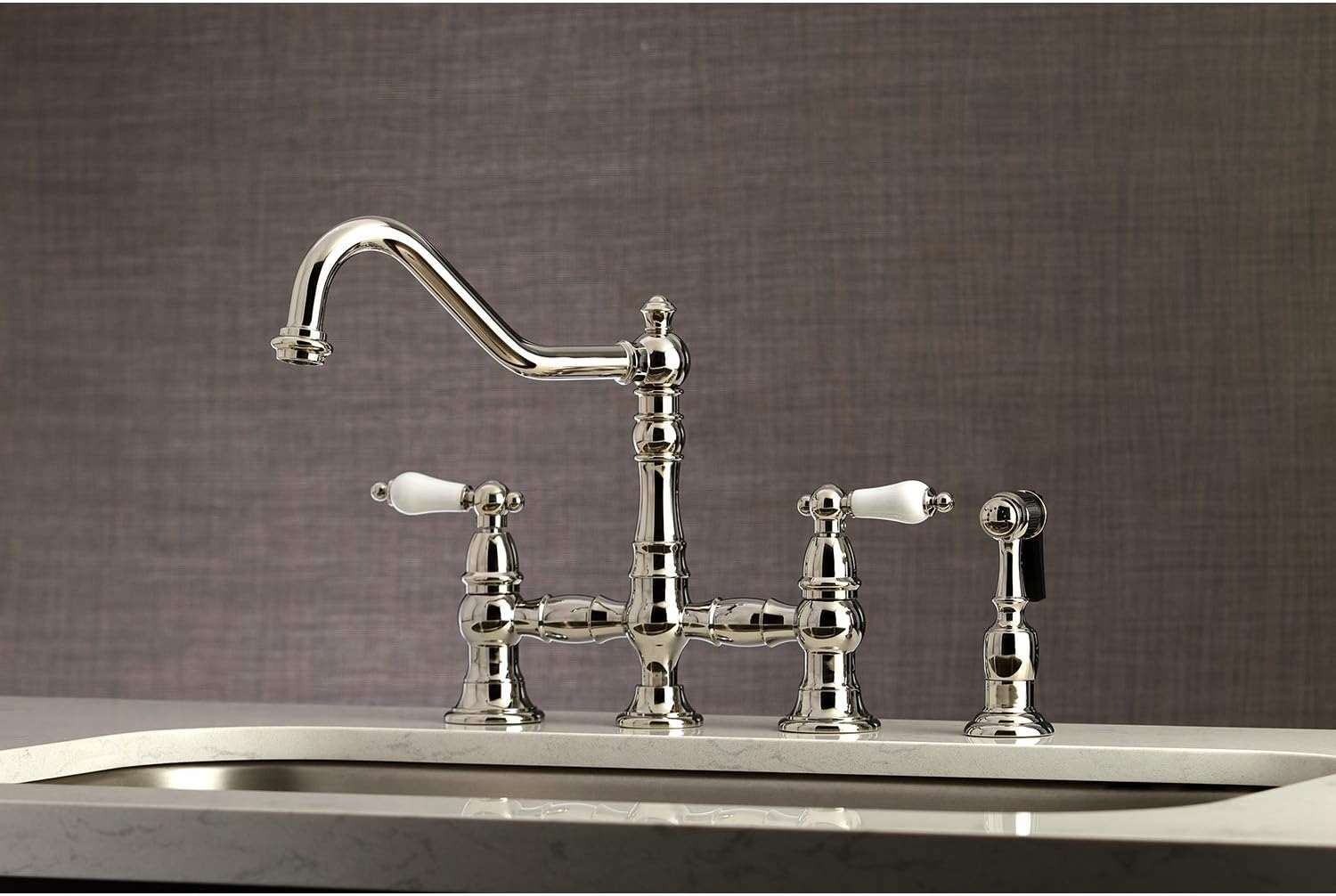 Get Special Price Kingston Brass KS3276PLBS Restoration Bridge Kitchen Faucet, Polished Nickel