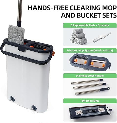 Miniatura 8 de Juego de trapeador y cubo con escurridor para el hogar, trapeador plano de 360 con mango largo y 6 paños de microfibra para limpieza de suelos
