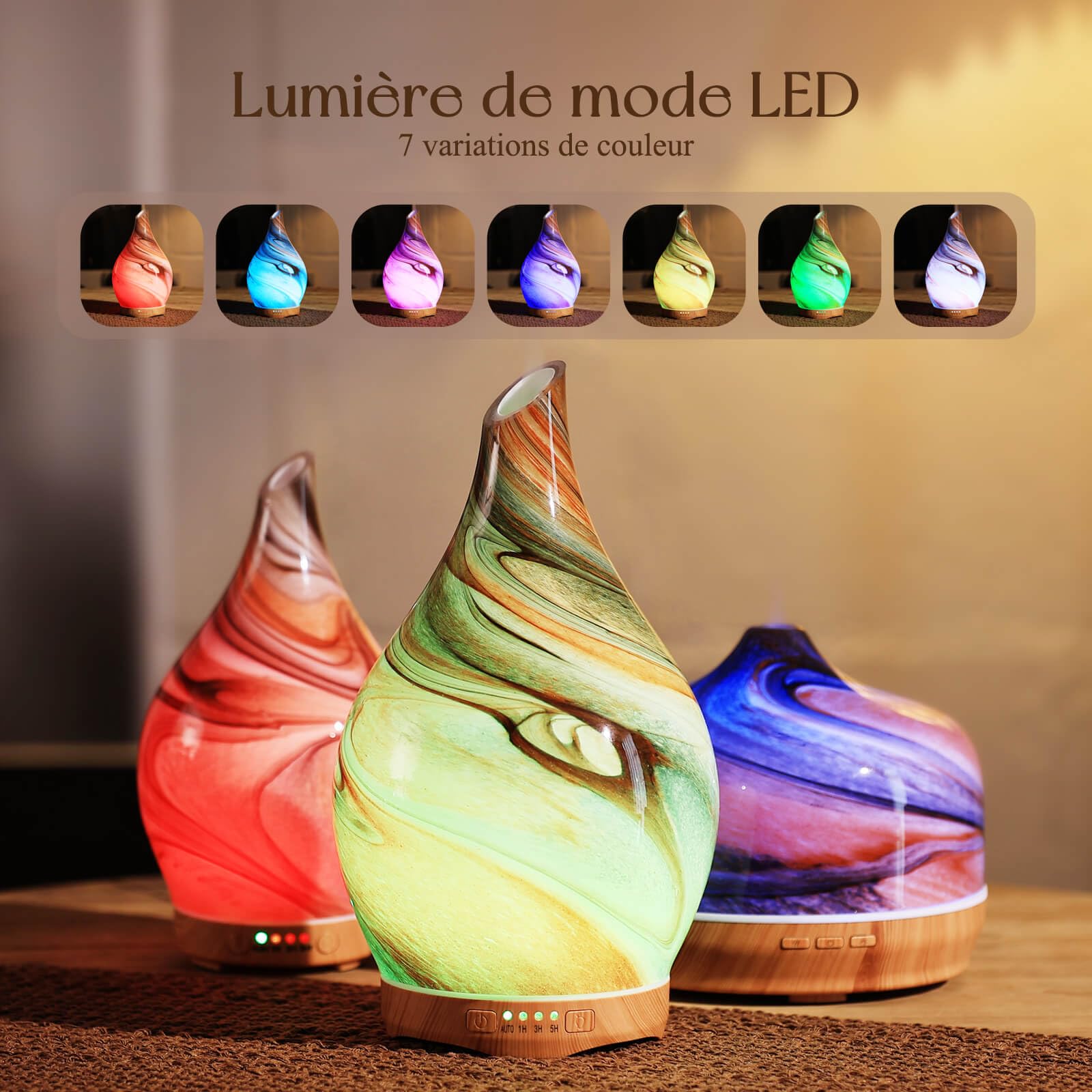 Porseme Verre diffuseur d'arômes 280ml, diffuseur soufflé à la bouche pour huiles essentielles, grand humidificateur à brume fraîche ultrasonique,7 LED à changement de couleur, sans BPA pour la maison