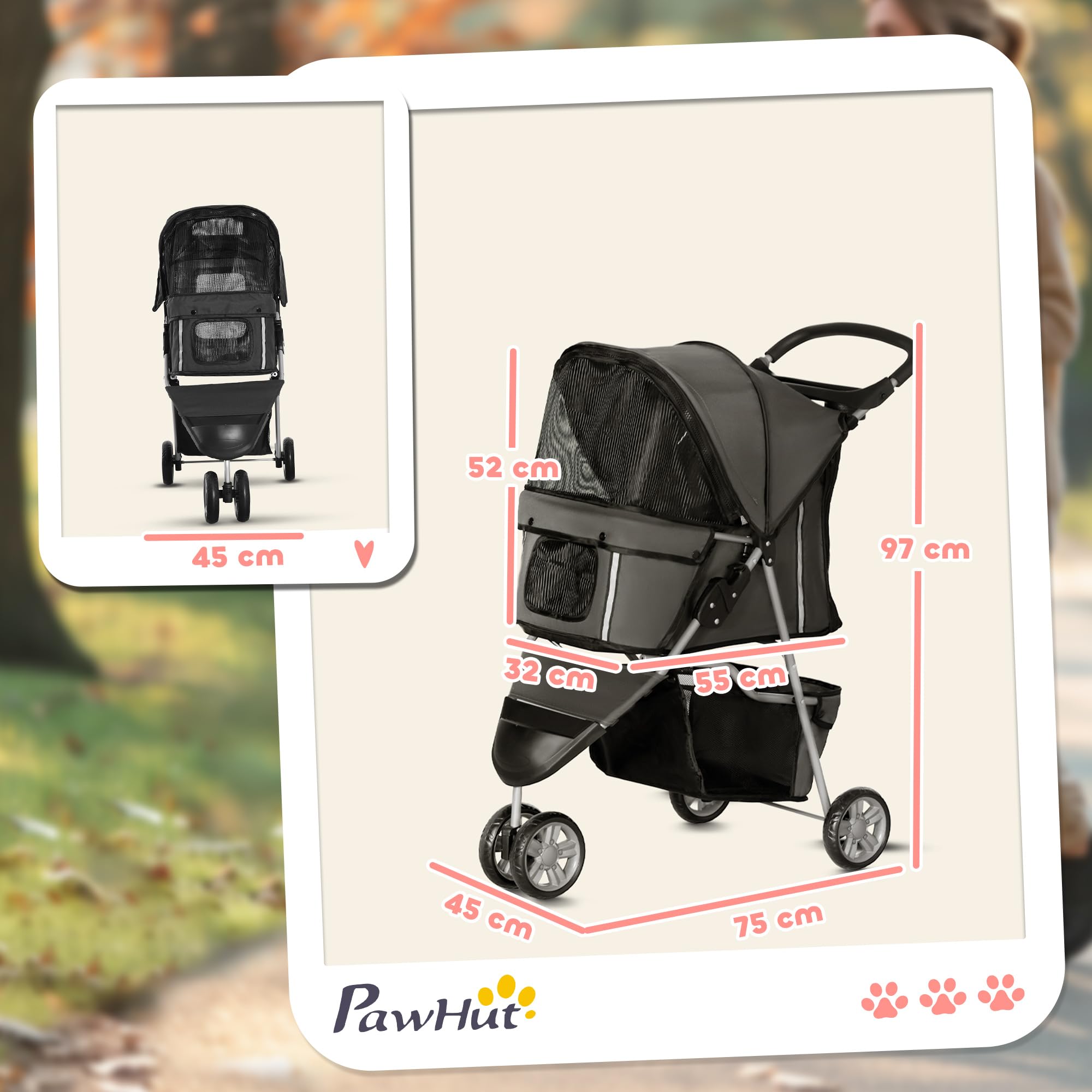 PawHut Hundewagen Hundebuggy klappbar für Hunde & Katzen bis 10 kg Katzenbuggy mit Kissen Netzfenstern Getränkehalter Aufbewahrungstasche Katzenwagen Buggy Dunkelgrau