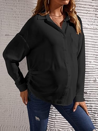 Miniatura 4 de OYOANGLE Blusa de maternidad para mujer, con bolsillo frontal, manga larga, dobladillo con cordón