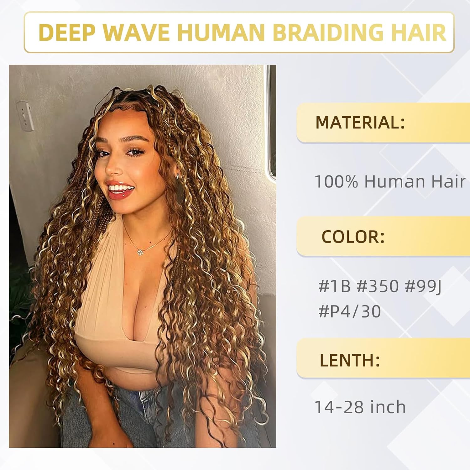 Human Braiding Hair for Boho Knotless Braids 2 Bundles 100g 20 Inch 12A Brazilian Virgin Highlight Balayage 4/30 Color Deep Wave Bulk Human Hair No Weft Boho Hair for Braiding