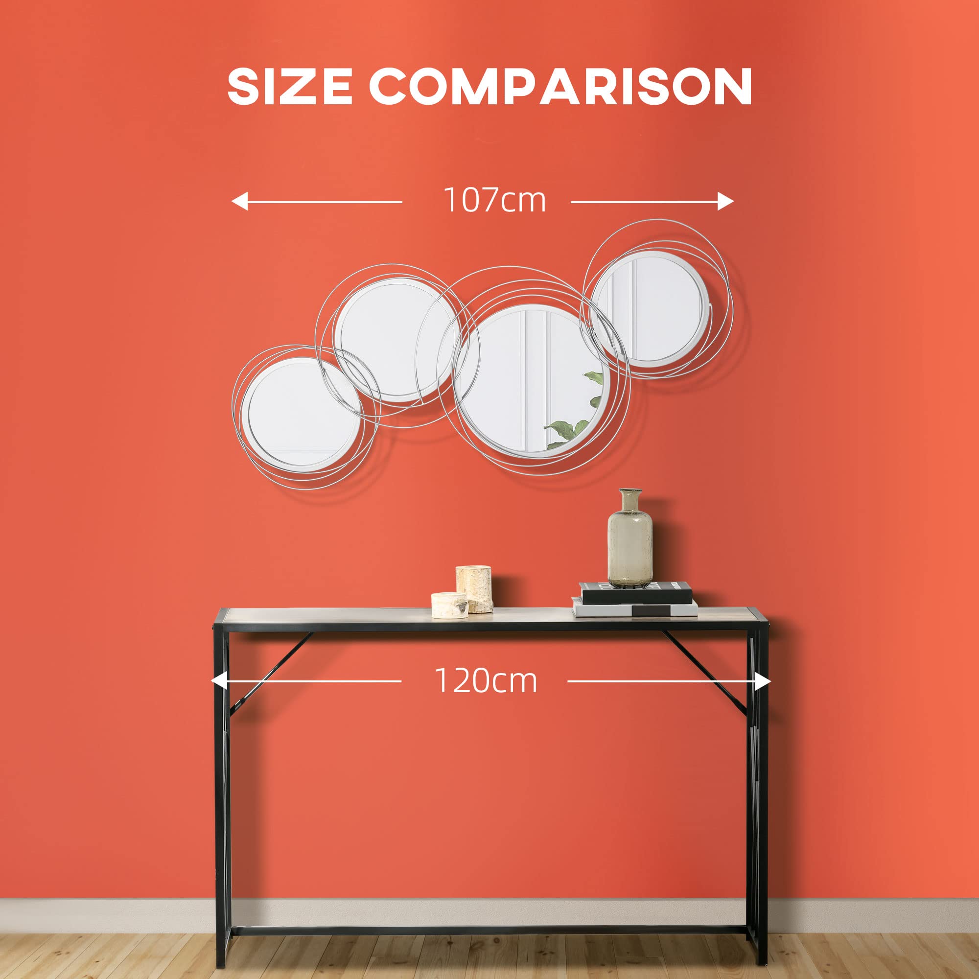 HOMCOM Espejo de pared metálico decorativo 107cm plateado | Esculturas murales modernas, salón, dormitorio, comedor, arte mural