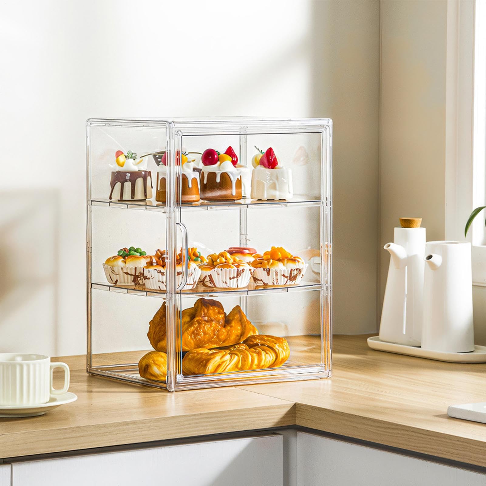Organizer per pasticceria, espositore a 4 ripiani in acrilico trasparente, ermetico, per pane, biscotti, banconi da cucina, bar, buffet, dessert, casa, catering, vetrina