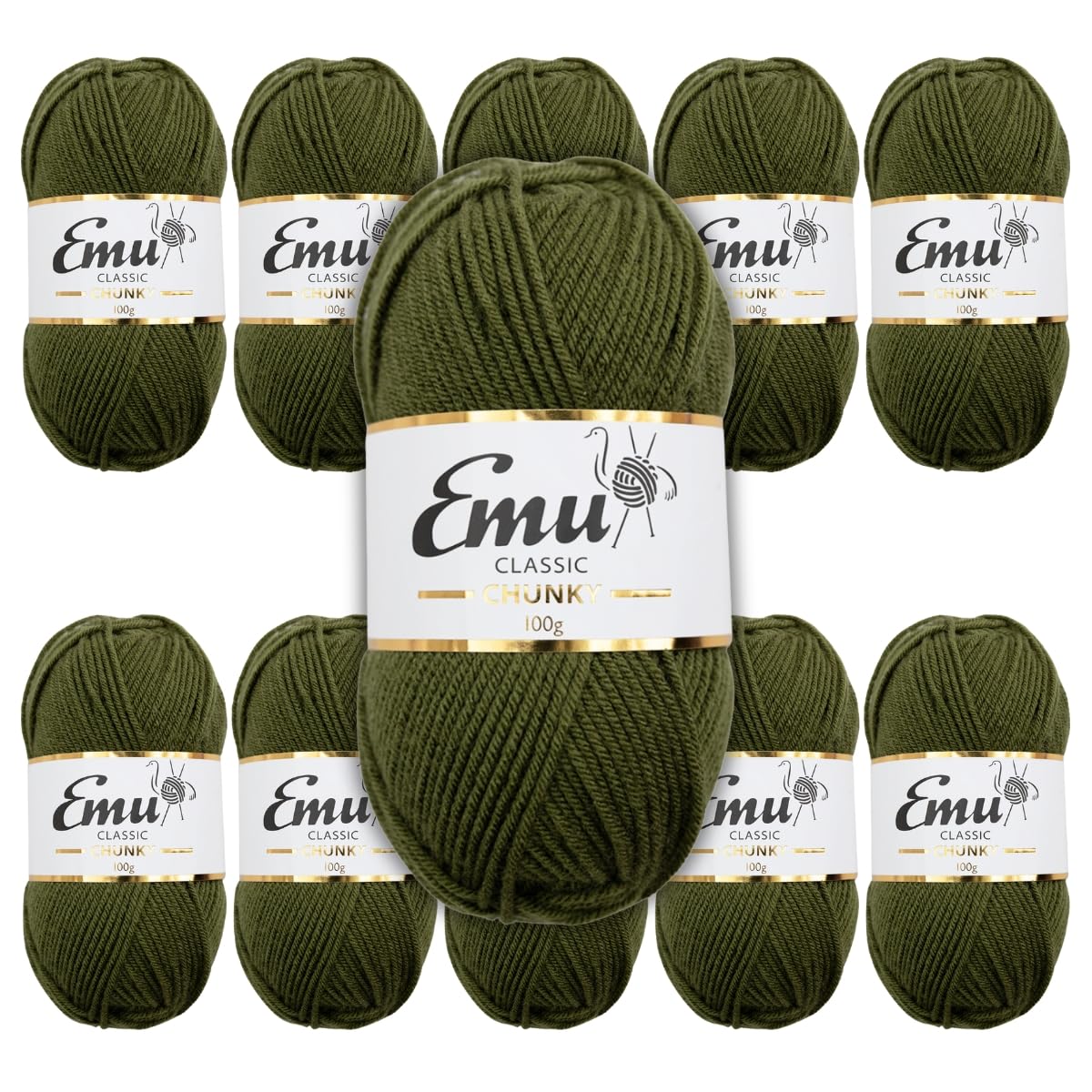 Emu Classic Chunky Acrylic Yarn 100g Balls 164m, Pack of 10, Fern - 163