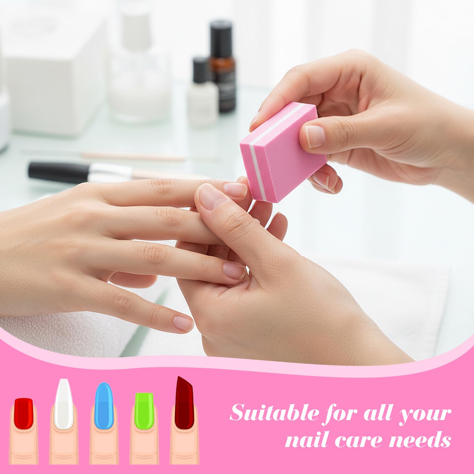 Buffer per unghie (confezione da 500), lima per unghie acriliche e unghie naturali, grana 100/180, piccoli blocchi buffer per lucidatura professionale per manicure professionale, colore rosa