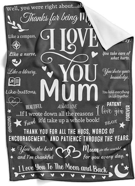 I Love You Mum Blankets Gifts for Mothers Day, Soft and Cosy Throw Blankets, Mum Birthday Gifts, Mum Presents for Mum, 130cm x 180cm