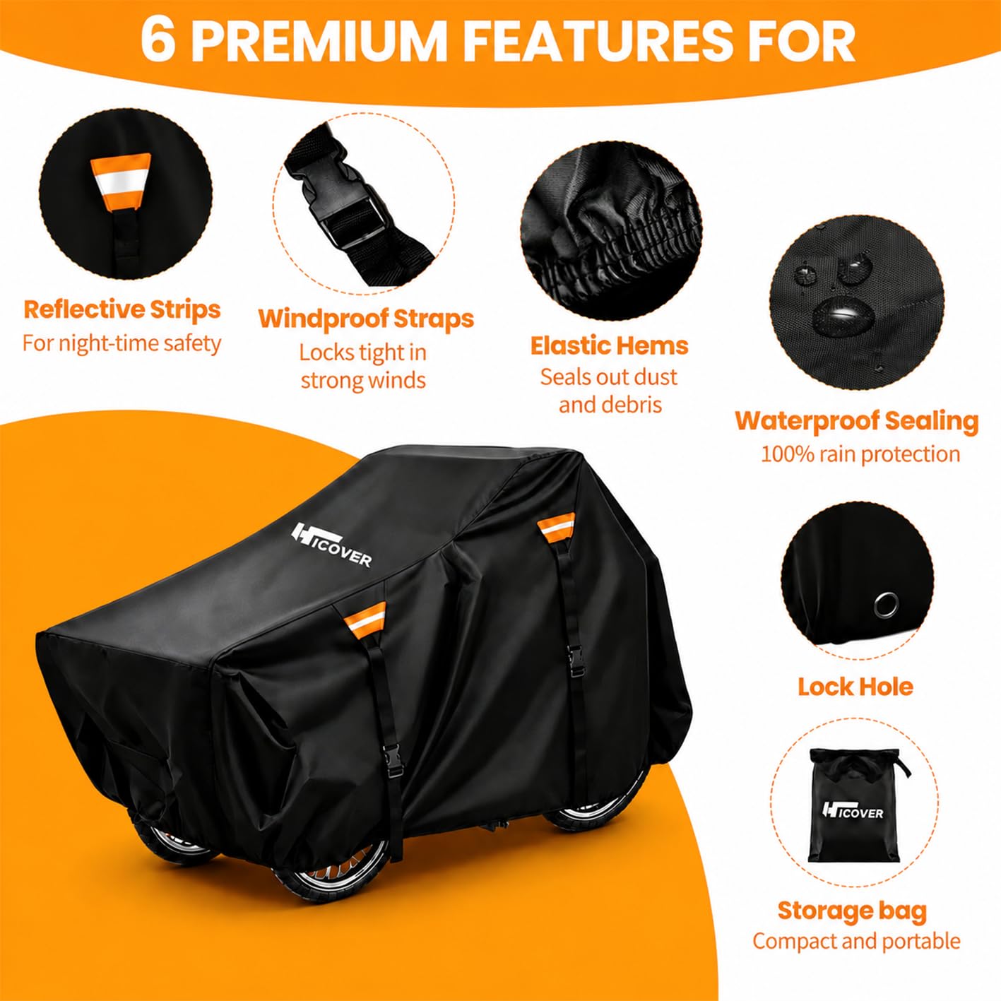 Housse de vélo cargo d'extérieur HICOVER 600D très résistante - Étanche - Protection UV - Pour tricycle adulte - Avec triangle coupe-vent et bande réfléchissante