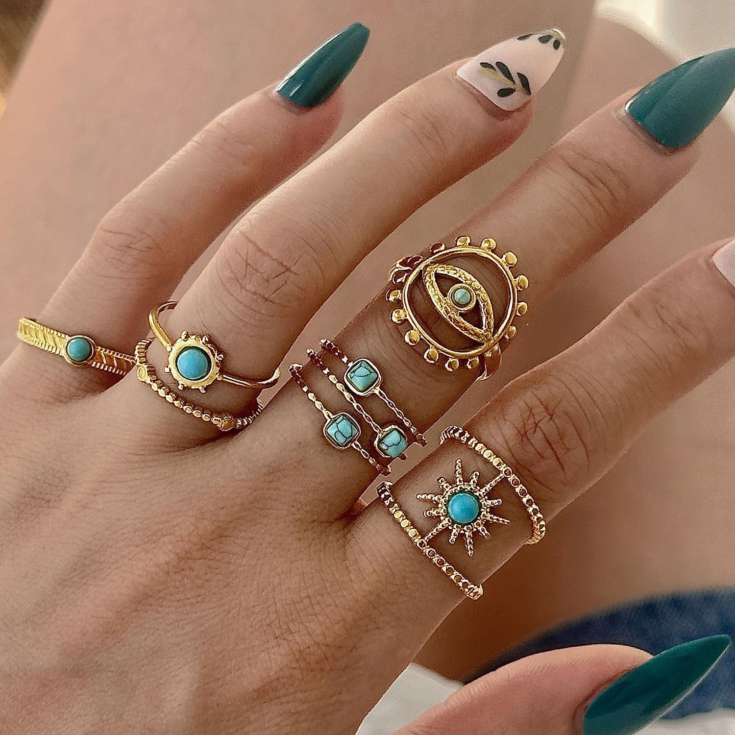 18K Gold-Plated Turquoise Ring Set for Women 5Pcs Vintage Boho Knuckle Rings Adjustable Stainless Steel Rings Starlight Devil's Eye Turquoise Ring Sun Feathers Wide Band Finger Stackable Rings Jewelry Gift - Image 3