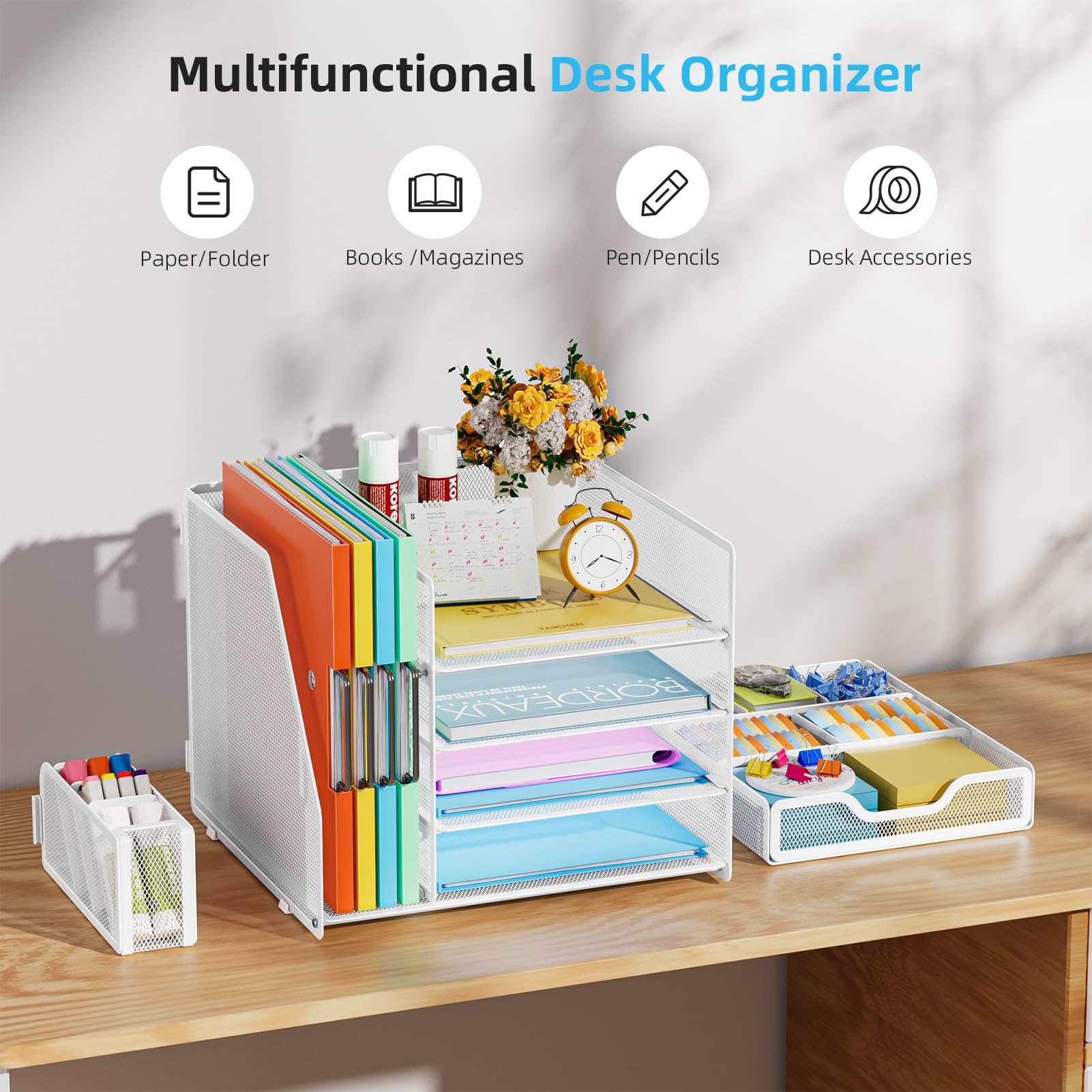Marbrasse Métal Organiseur De Bureau,4 Niveaux Porte Documents avec Tiroir,Plateau Multifonctionnel pour Papiers Courriers avec Porte-Stylo,pour Bureau,Maison(Blanc)