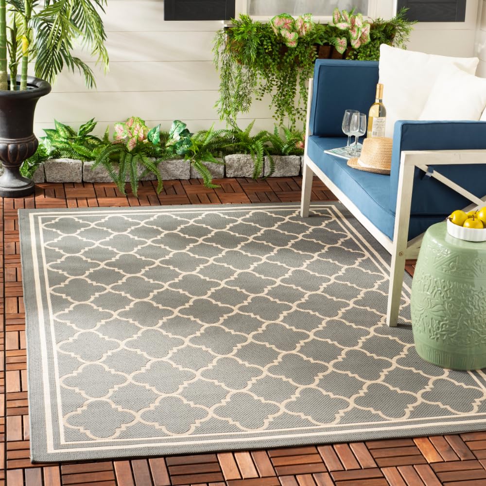 SAFAVIEH Washable Rug Outdoor Courtyard Collection - 6'7" x 9'6", Anthracite & Beige, Non-Shedding & Easy Cleaning, Ideal for Patio, Backyard, Mudroom