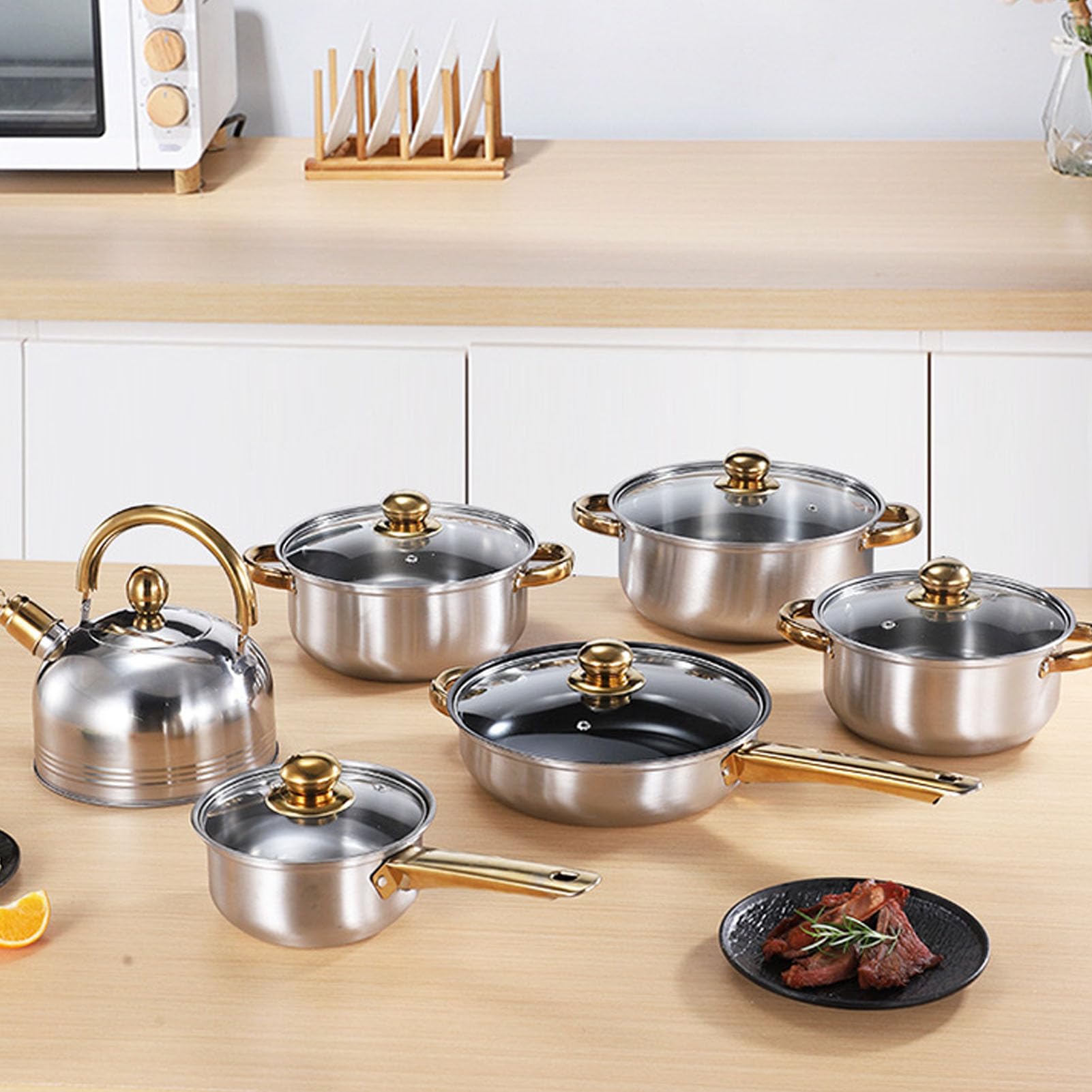 Juego de utensilios de cocina ergonómicos de acero inoxidable con asas doradas, ollas y sartenes multifuncionales con tapas de cristal, ideal para cocina