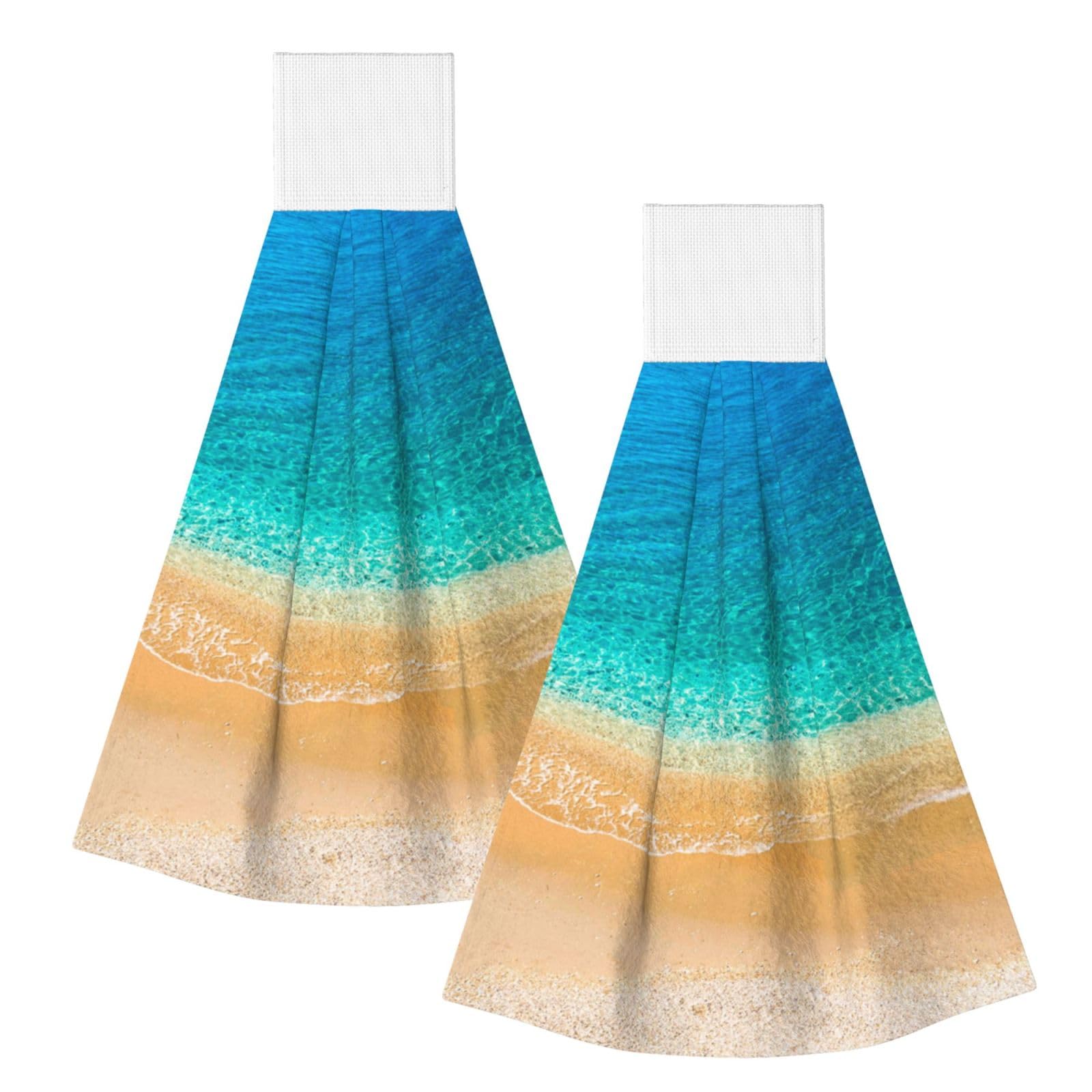 DOPKLNA Beach Sea Waves Beach Sand, 2 Pcs Hanging Coral Fiber Hand Towels for Bathroom, Absorbent Kitchen Towels
