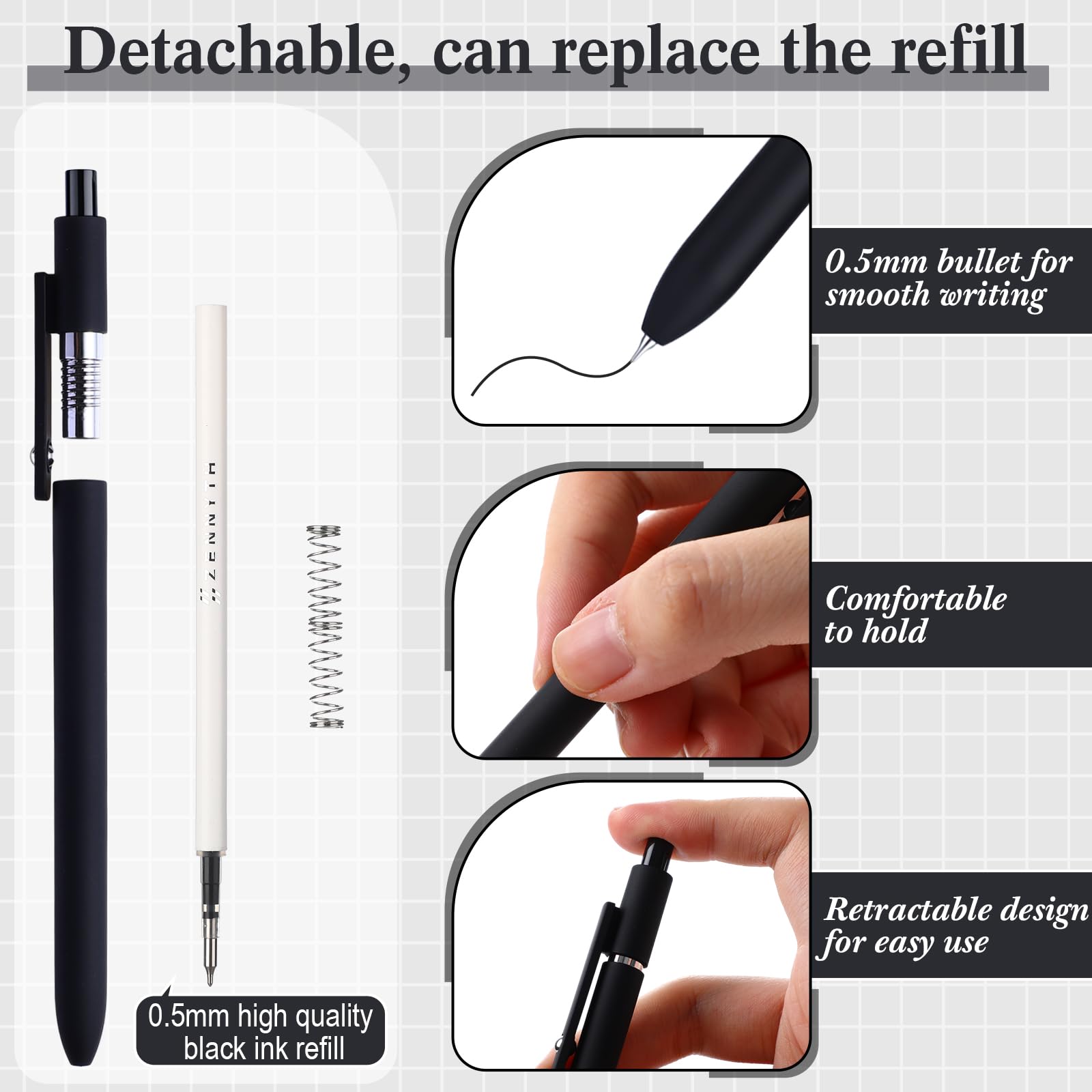 Epakh Gelstifte, 0,5 mm, schnell trocknend, schwarze Tinte, feine Spitze, glattes Schreiben, High-End-Serie, einziehbar, ästhetischer Kugelschreiber für Büro, Schule, Damen, Herren, Geschenke (schwarz