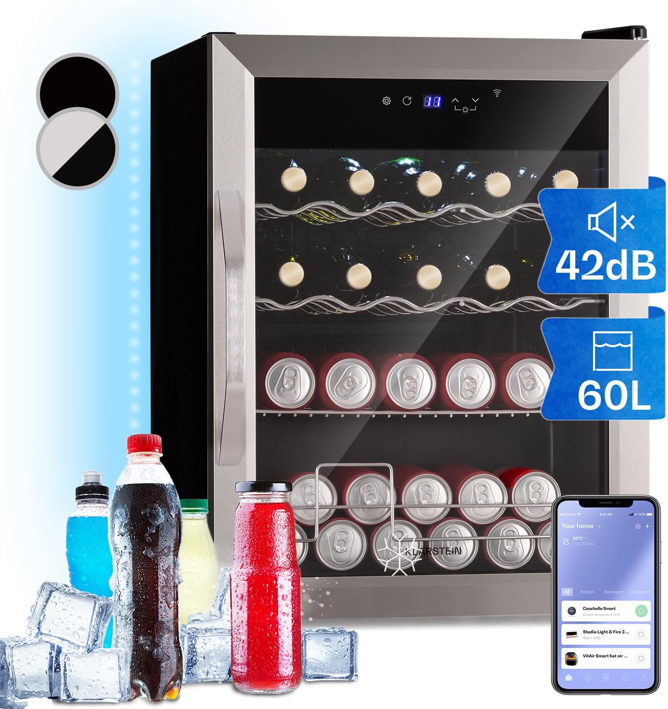 KLARSTEIN Mini Frigo Portatile per Birra Interno/Esterno, Frigo Portatile da Camera, Frigorifero Piccolo da Ufficio, Mini Frigo da Camera con Porta in Vetro, IOT/App, Ripiani Rimovibili, 3-18°C, 60L