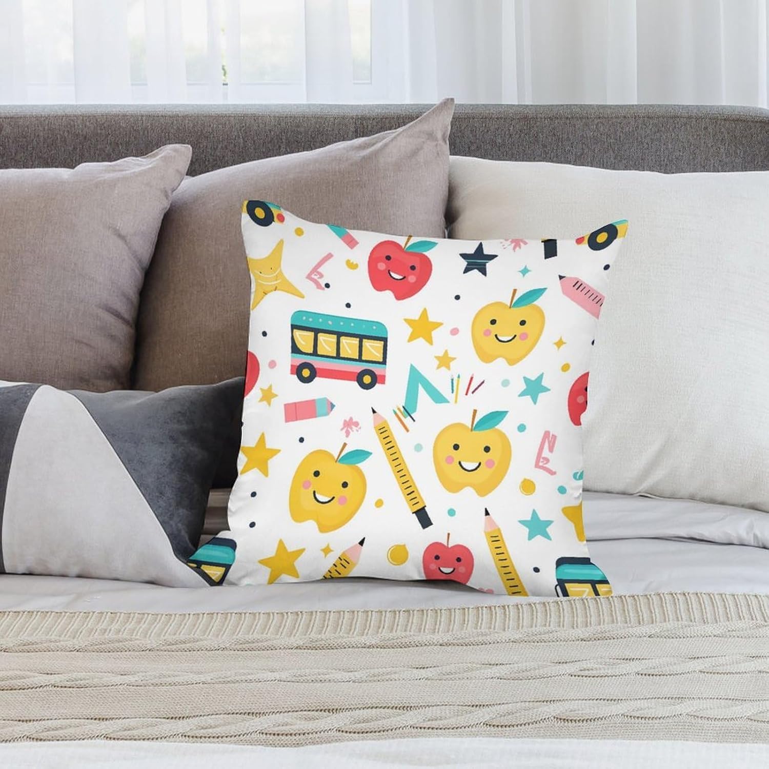 Back to School Printed Throw Pillow Case 4 Pcs Soft Pillowcases Pillows Covers Sofa Bed Decor 12/14/16/17/18/20/22/24/32 Inches