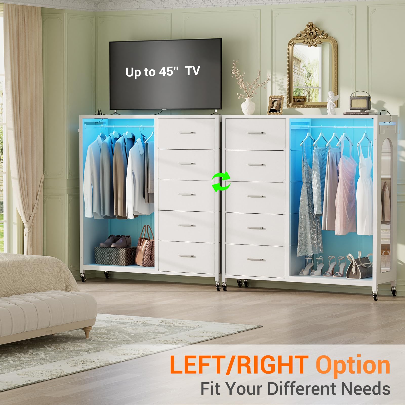 Amazon.com: Cyclysio Dresser for Bedroom with Clothes Rack & Mirror, 5  Fabric Drawers Dresser with Charging Station & LED Lights, Rolling Chest of  Drawers with Wheels, Full Length Mirror, Wooden Top, Closet :